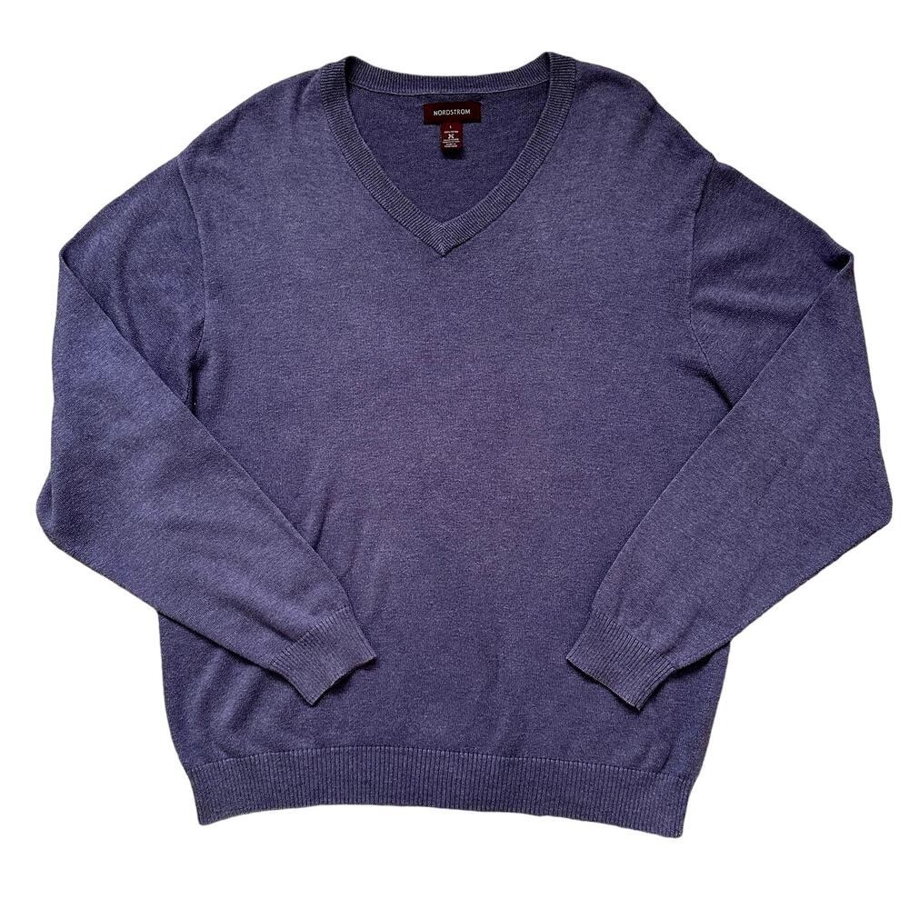 Vintage Nordstrom Mens L Purple V Neck 100% Cotton Sweater Drop Sleeve